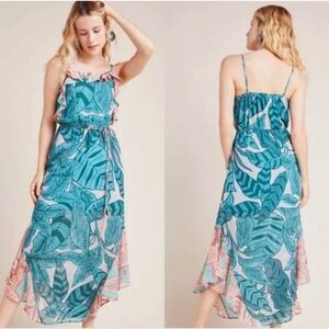 FARM Rio Ruffled Botanical Maxi Dress Contrasting Leaf Print Teal Pink Size LP